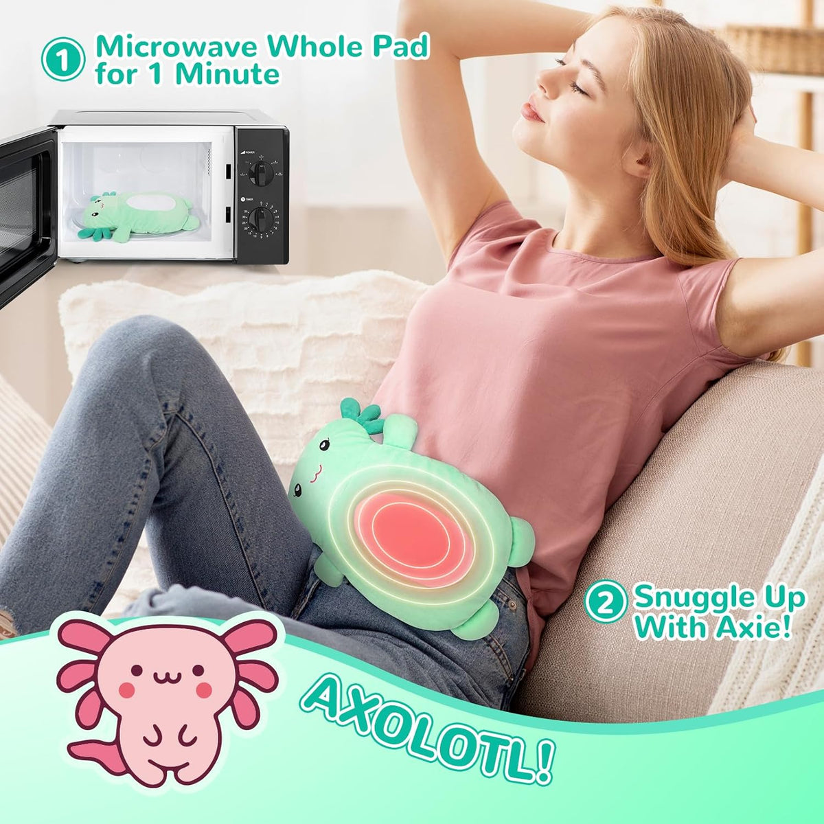 Microwavable Heating Pad  Mint Axolotl 16" x 11"