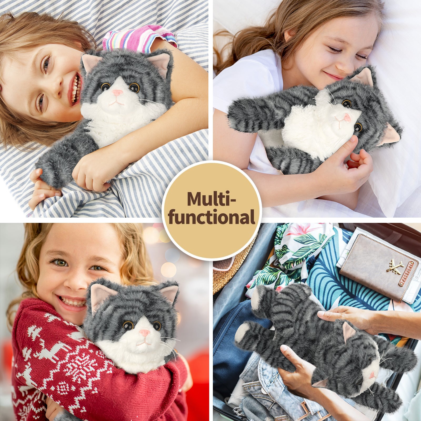 Gray Tabby Cat Stuffed Animals, Microwavable Stuffed Animal Adorable Fluffy Cat Plush for Warmth & Comfort, Heatable & Coolable Lavender Scent Cat Toys, Cute Soft Plushies Cat Gifts for Kids & Adults