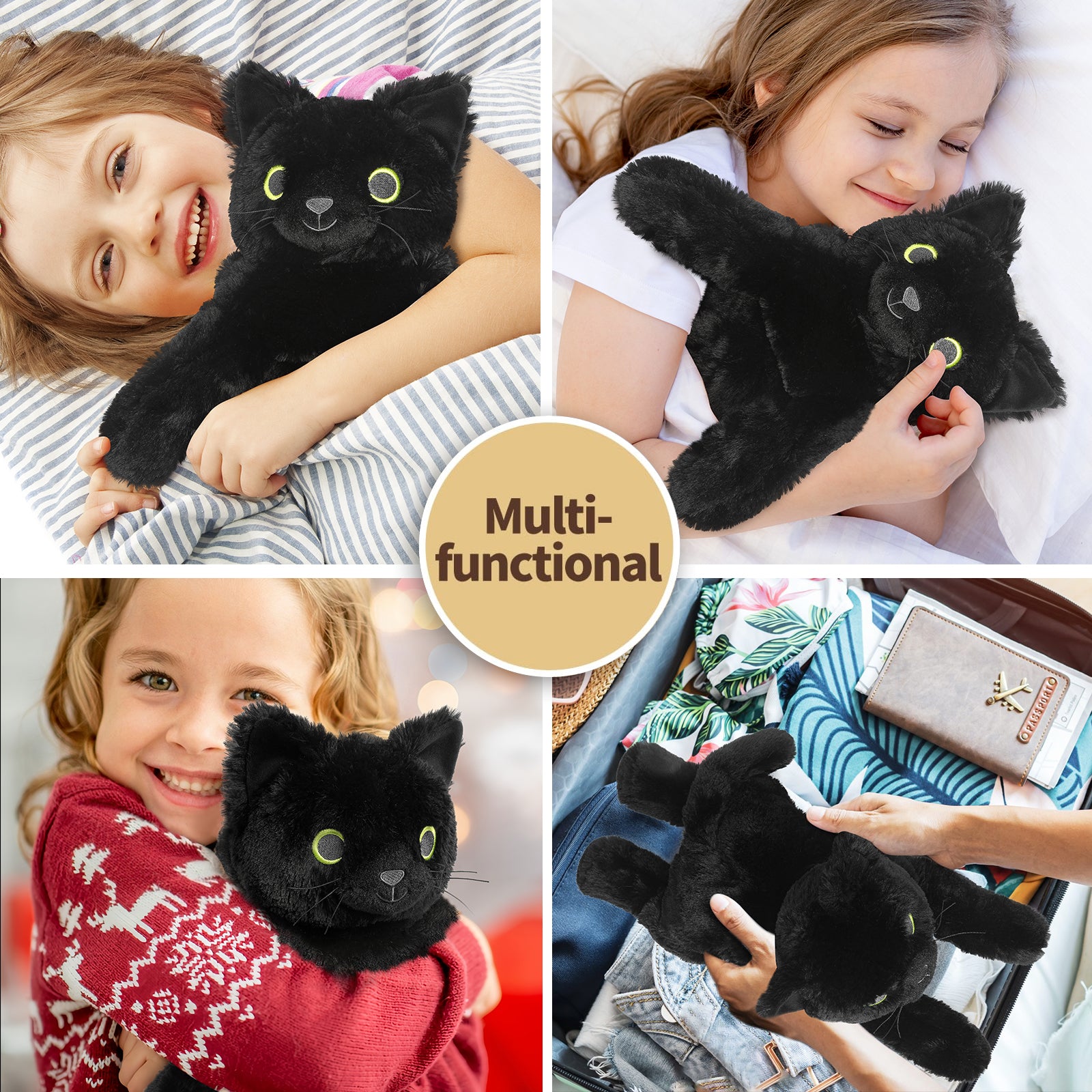 Cuckool Black Cat Stuffed Animals, Microwavable Stuffed Animal Adorable Fluffy Cat Plush for Warmth & Comfort, Heatable Coolable Lavender Scent Cat Toy, Cute Soft Plushies Cat Gifts for Kids Boy Girls & Adult