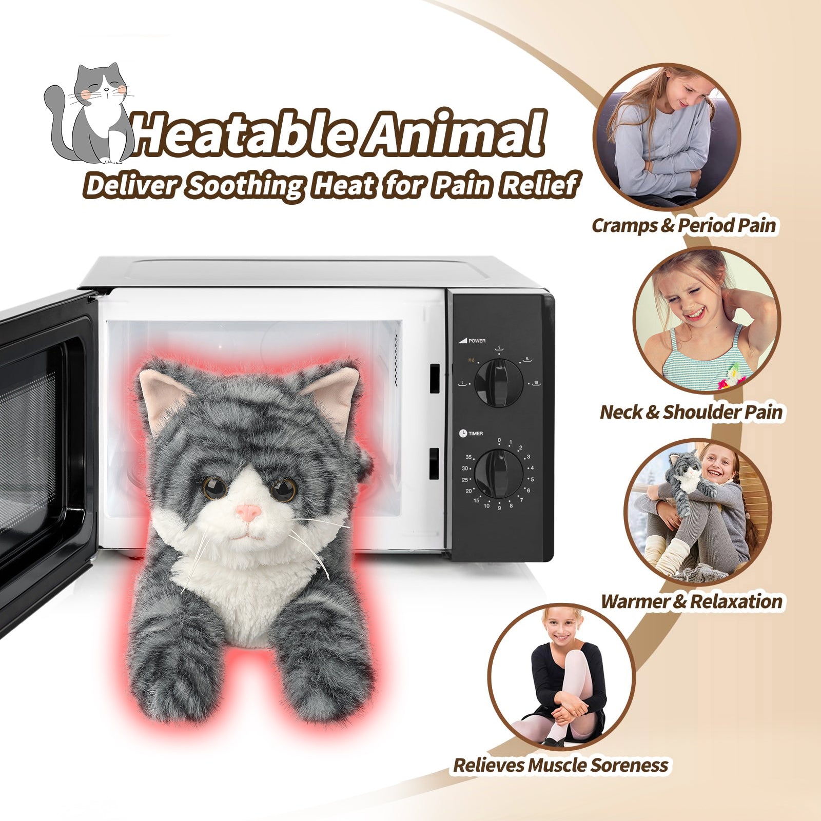 Gray Tabby Cat Stuffed Animals, Microwavable Stuffed Animal Adorable Fluffy Cat Plush for Warmth & Comfort, Heatable & Coolable Lavender Scent Cat Toys, Cute Soft Plushies Cat Gifts for Kids & Adults