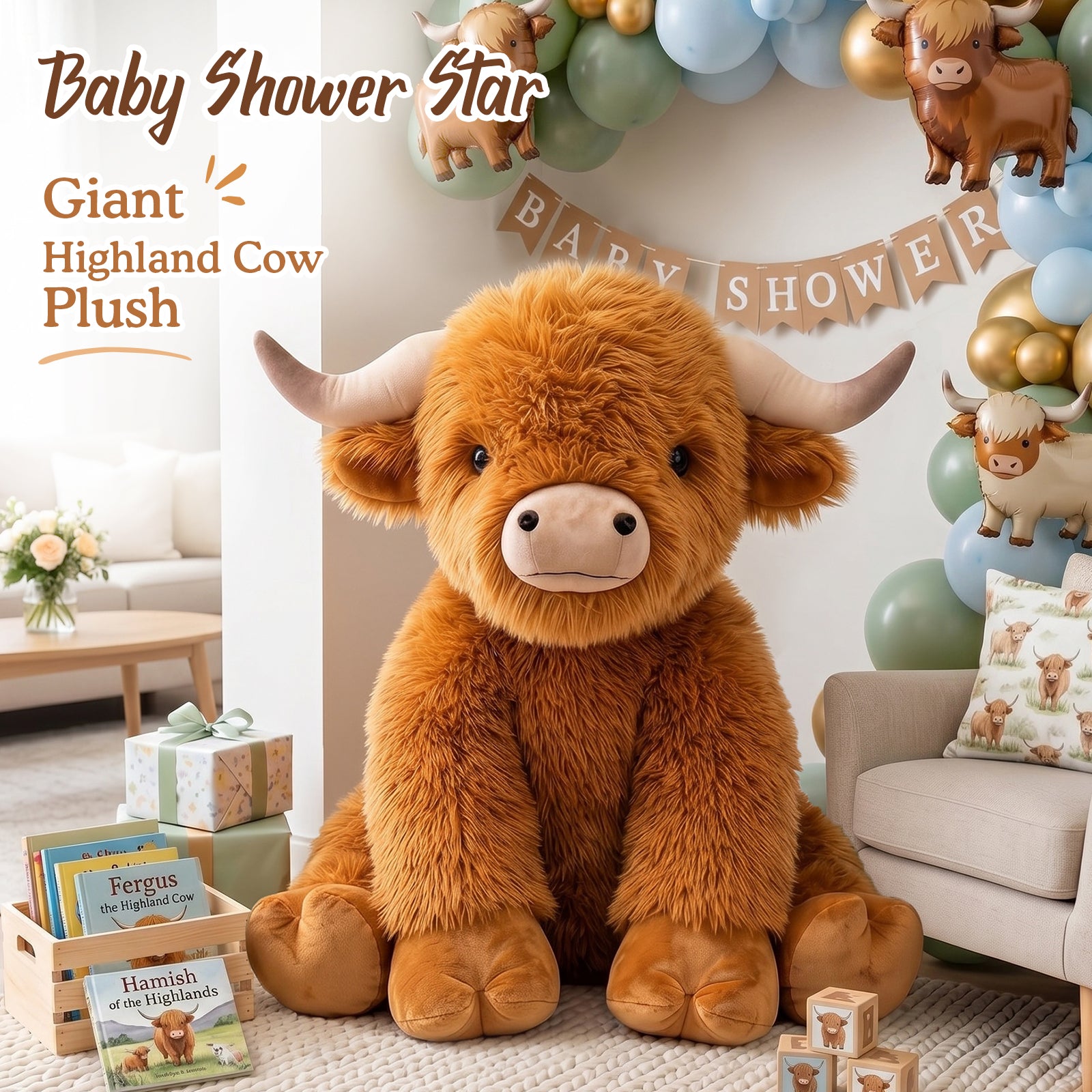 CUCKOOL 47 Inch | 26 Lbs Giant Highland Cow Plushie,  4 Feet Extra Large Weighted Highland Cow Plush, Soft Fluffy Scottish Highland Cattle Stuffed Animal, Gift for Cow Lovers Birthday & Home Decor