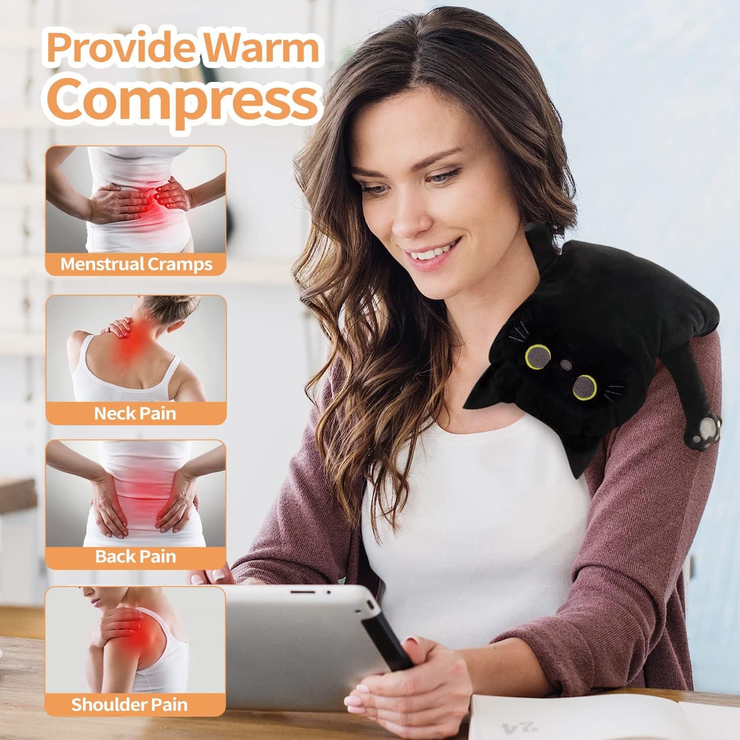 2PCS Microwave Heating Pads for Cramps Pain Relief, 17 * 9" Moist Microwavable Period Menstrual Heat Packs for Cramps, Back, Neck, Shoulder, Abdomen, Black Cat