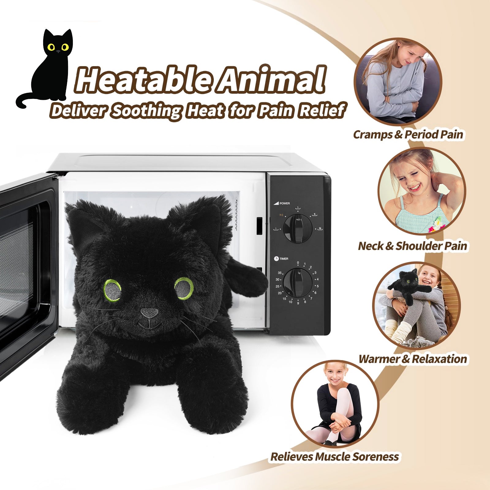 Cuckool Black Cat Stuffed Animals, Microwavable Stuffed Animal Adorable Fluffy Cat Plush for Warmth & Comfort, Heatable Coolable Lavender Scent Cat Toy, Cute Soft Plushies Cat Gifts for Kids Boy Girls & Adult