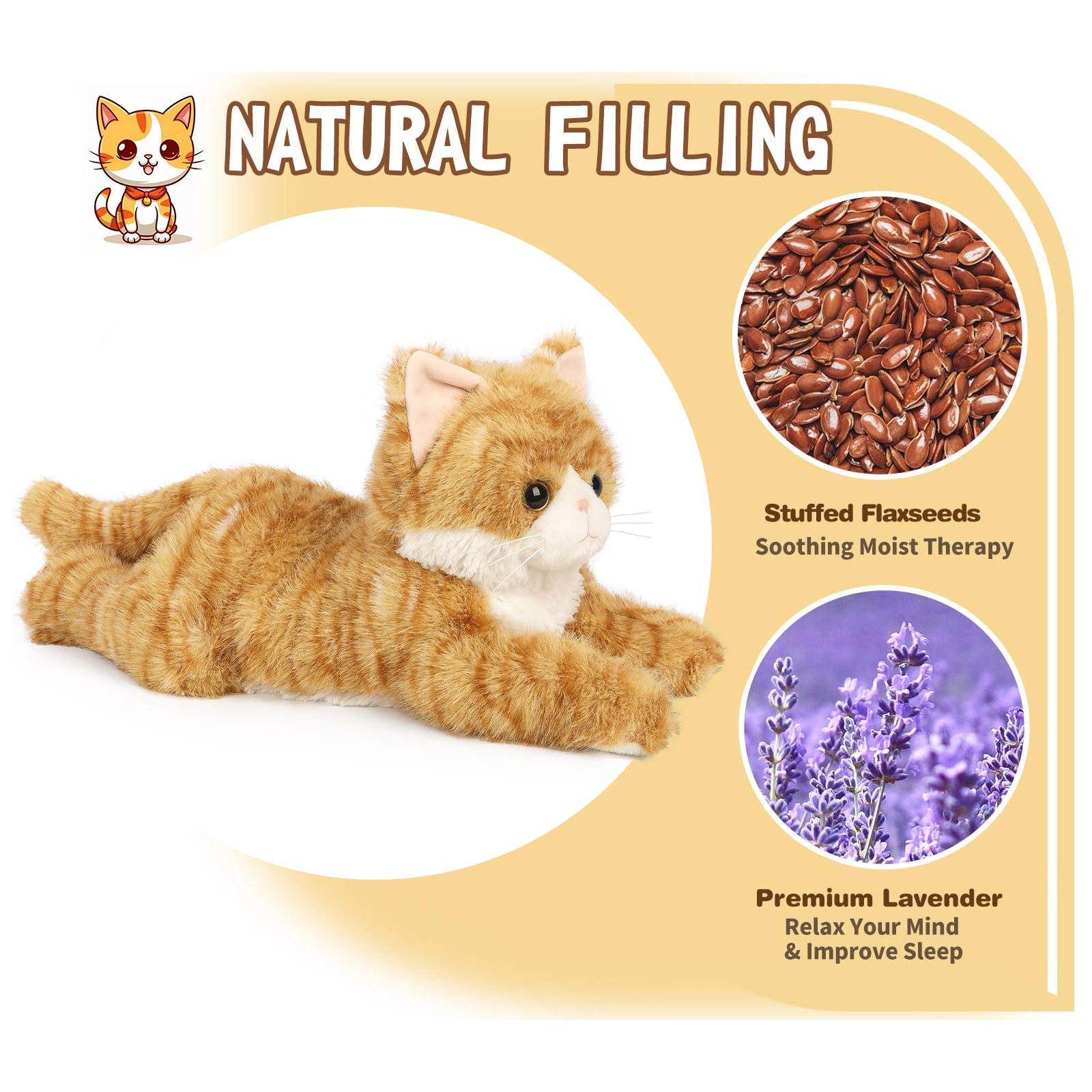 Orange Tabby Cat Stuffed Animals, Microwavable Stuffed Animal Adorable Fluffy Cat Plush for Warmth & Comfort, Heatable & Coolable Lavender Scent Cat Toys, Cute Soft Plushies Cat Gifts for Kids & Adult