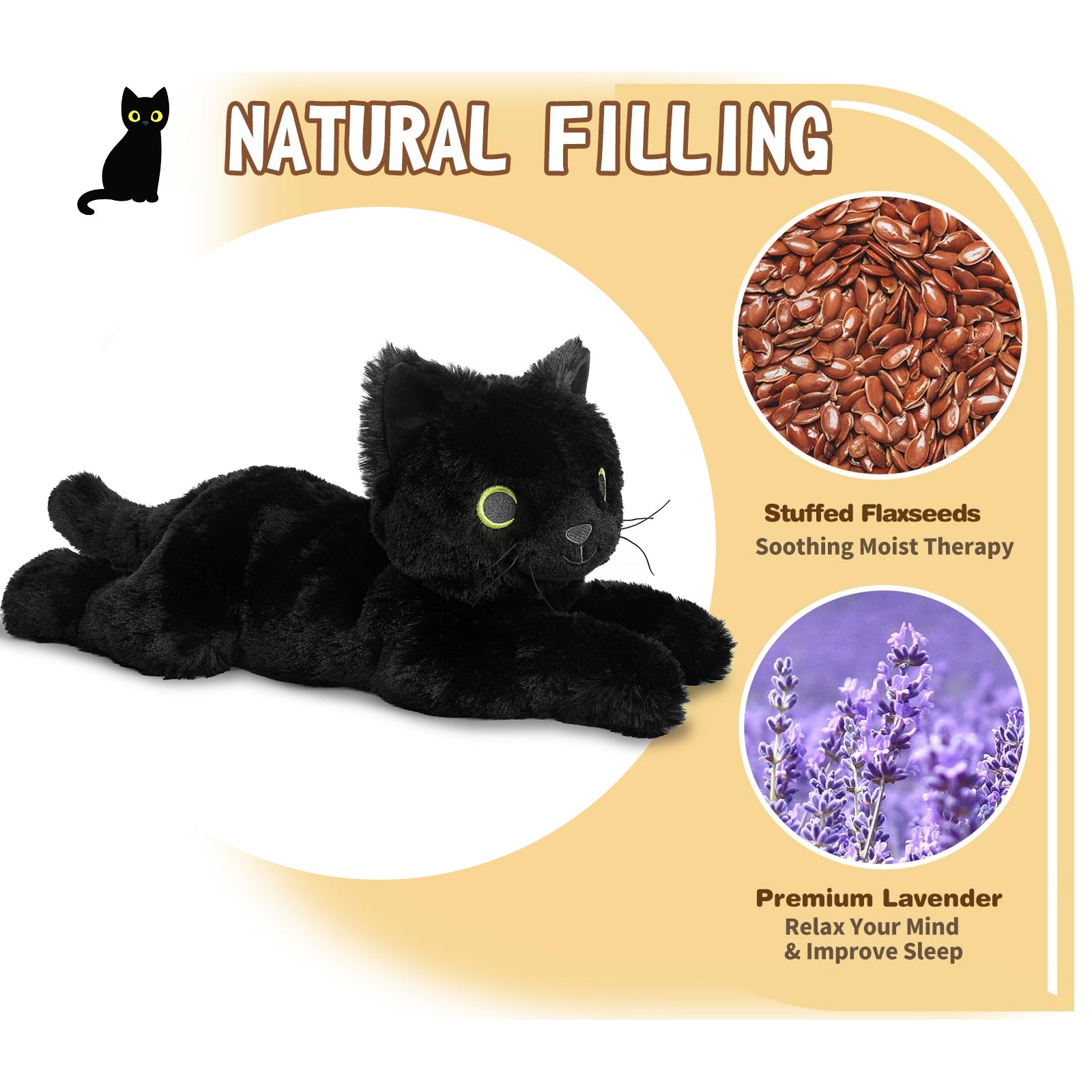 Cuckool Black Cat Stuffed Animals, Microwavable Stuffed Animal Adorable Fluffy Cat Plush for Warmth & Comfort, Heatable Coolable Lavender Scent Cat Toy, Cute Soft Plushies Cat Gifts for Kids Boy Girls & Adult
