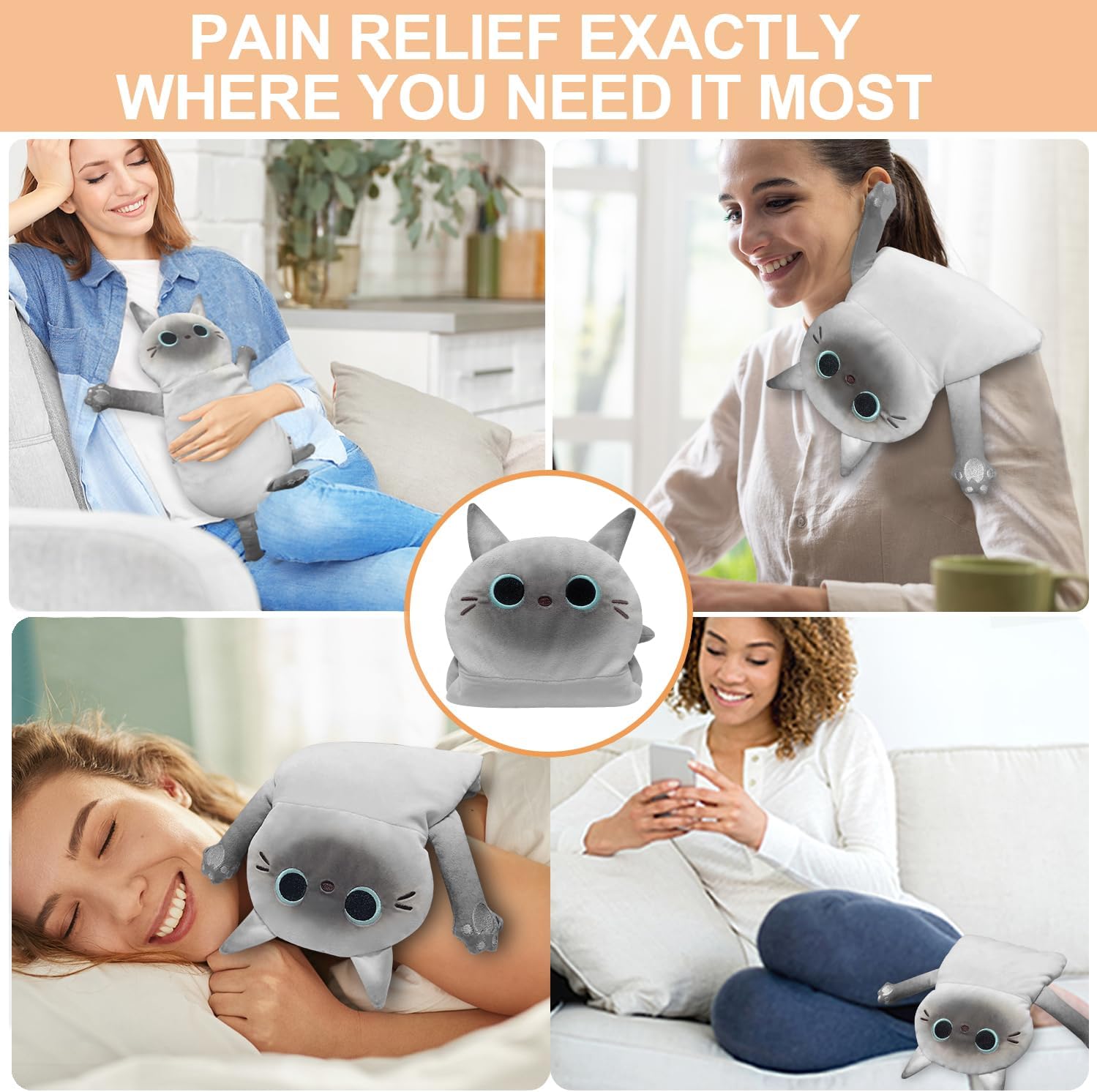Microwave Heating Pad for Cramps Pain Relief, 17 * 9'' Moist Microwavable Stuffed Animal Period Menstrual Heating Pads for Cramps, Back, Neck Shoulder and Knee- Siamese Cat